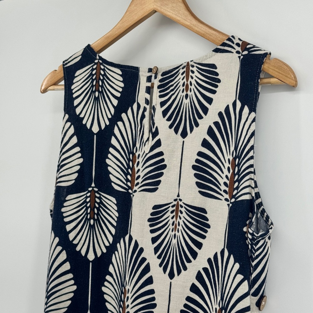 Charlie B Navy Cream Palm Fan Print Linen Blend Shift Dress Side Buttons‎ Medium - Picture 9 of 9